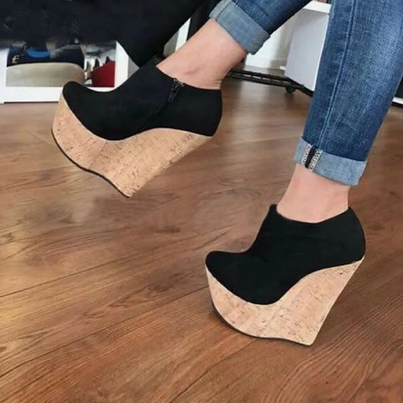 Eilyken Wholesale Sexy Round head Platform Wedge Women Pumps Super High Club Wearing Heels zipper ladies wedge shoes