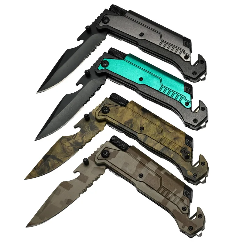 Built in Fire Starter in Aluminium Oxidized Handle LED Light 3Cr13 Serrated Blade with Bottle Opener Camouflage Folding Knife