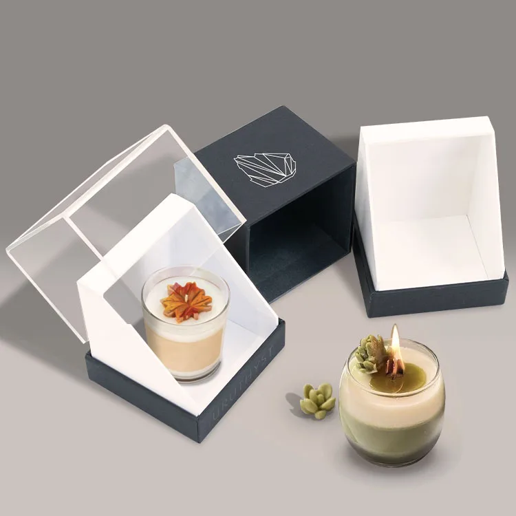 High Quality Custom 3mm Thick Cardboard Gift Box with Rigid Paper Structure Square Acrylic Lid Flowers Scented Candle Display