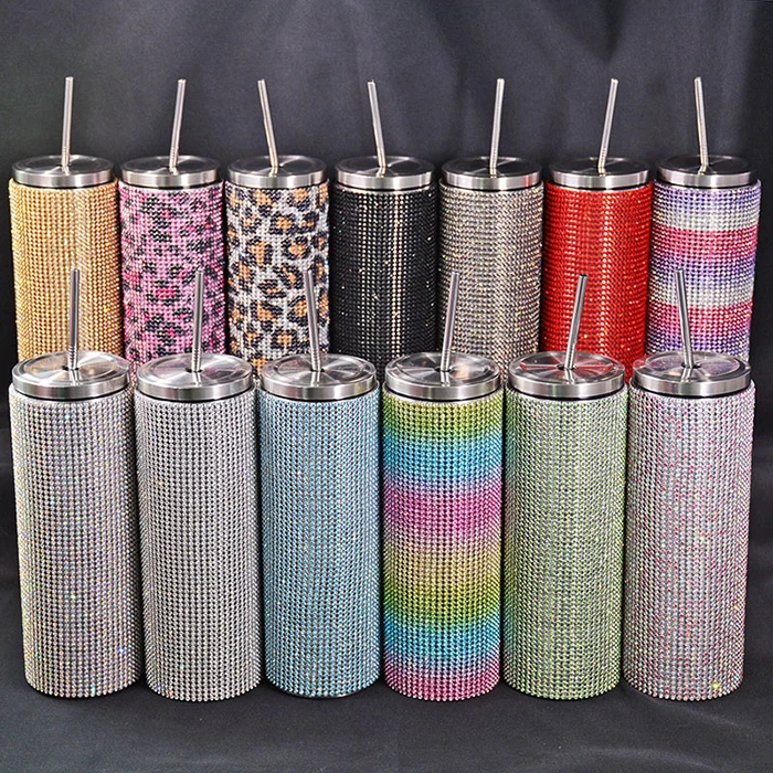 20oz Bling Tumbler Wholesale Bulk Luxury Diamond Stainless Steel Vacuum Insulated Rhinestone Skinny Tumbler Cup With Straw