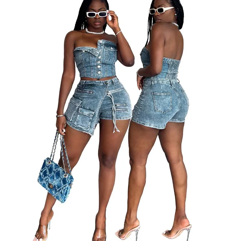 OJW052154 Summer casual two pieces short set with tube top and denim cargo shorts