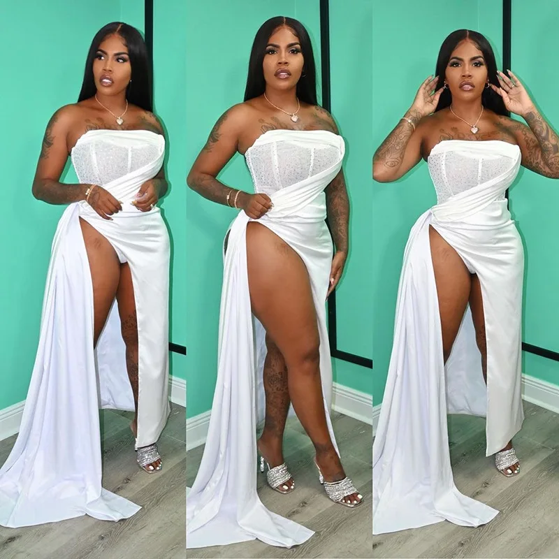 New Arrivals Backless Mesh Slits Tube Top Elegant Sequins Prom Decent Ball Gown White Cocktail Dress