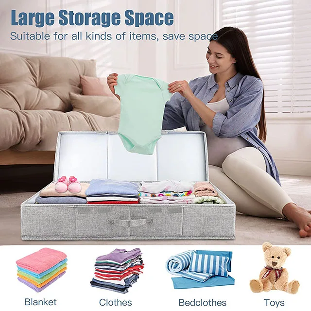 Foldable linen Organizers Waterproof under bed Large capacity Storage Box with lid and 3 fabric handle for sturies and clothing
