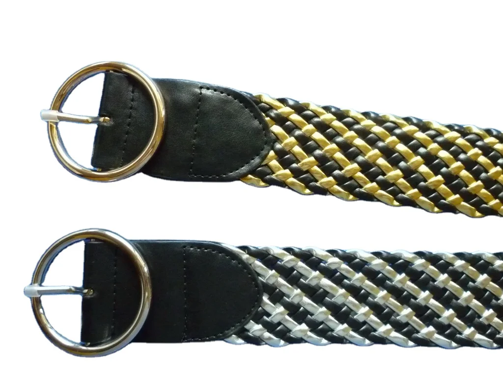 Plaited belts with round gold color buckle with mixed color braided classic and fashion design in high level quality