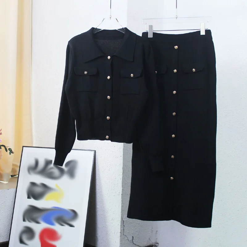 TS520 New 2025 New Solid Turn-down Collar Sweater Tops and Wide Skirt Set Women Two Pieces Sets Clothing