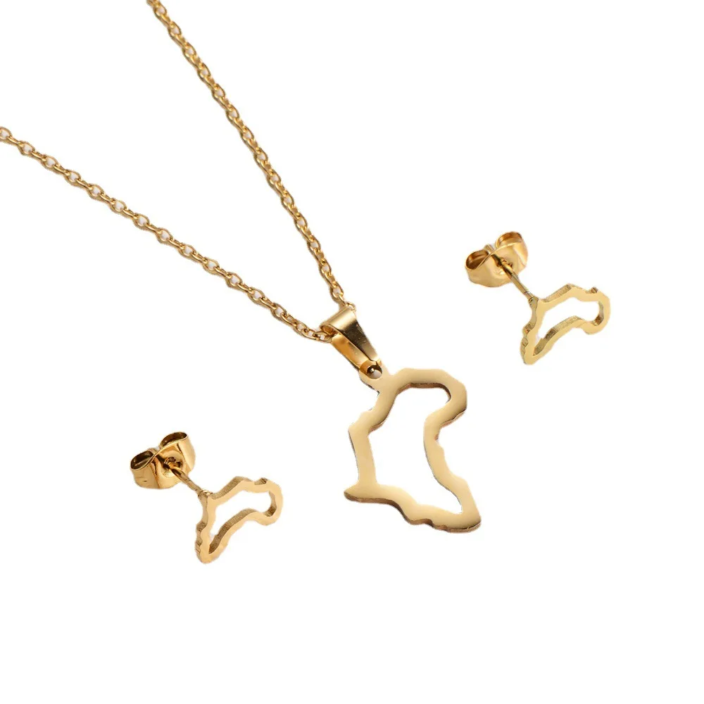 Customize Cheap Dubai 18K Gold Waterproof Stainless Steel Africa Map Necklace Africa Map Earrings Necklace Jewelry Set