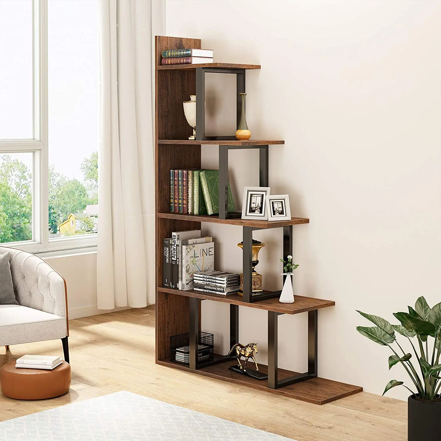 5-Tier L-Shape Bookshelf  Suitable for Living Room Bedroom Hallway Office,Industrial Vintage Freestanding Ladder Corner Bookcase
