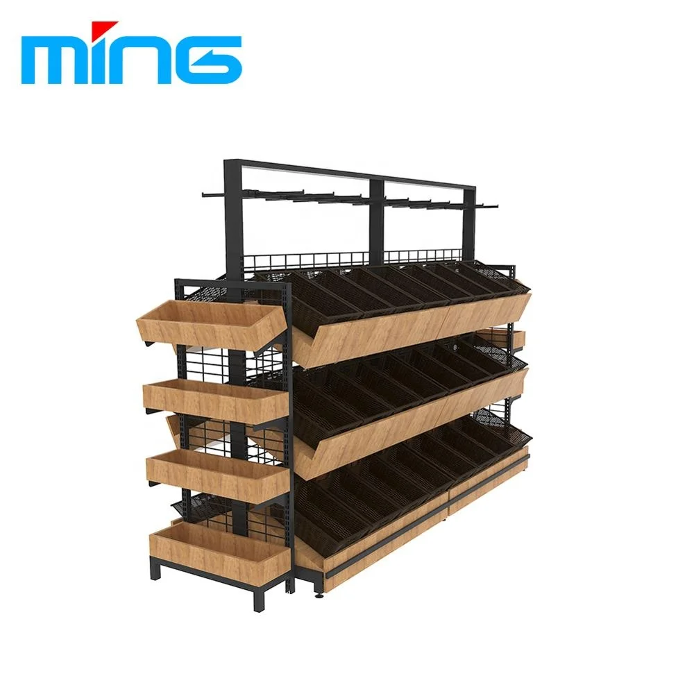 Double-side Three Layers Grocery Store Fruit Vegetable Storage Display Shelf