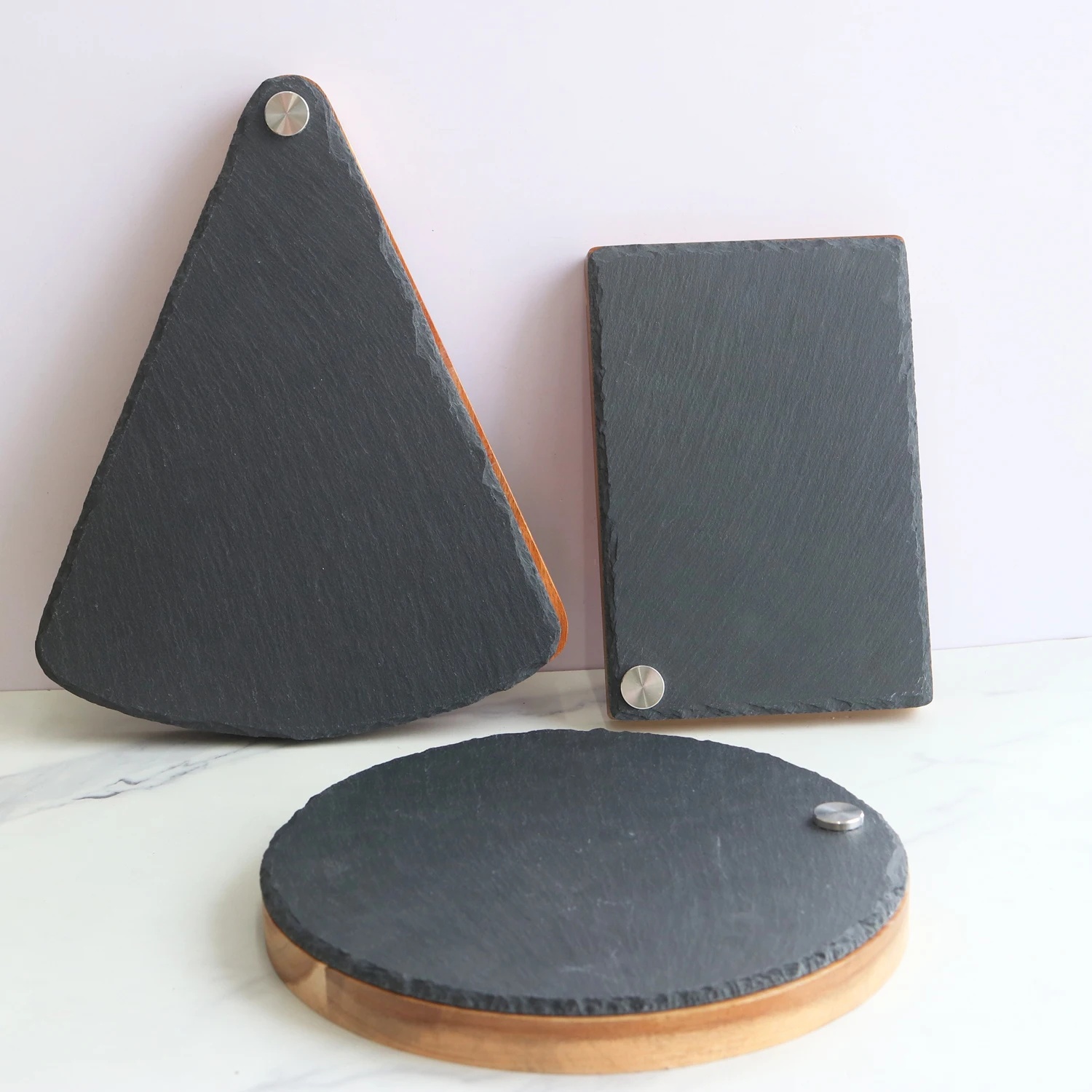 House Round Cheese Board removable circular chipping serving Slate Acacia Wood set of 4 cheese knives and fork server