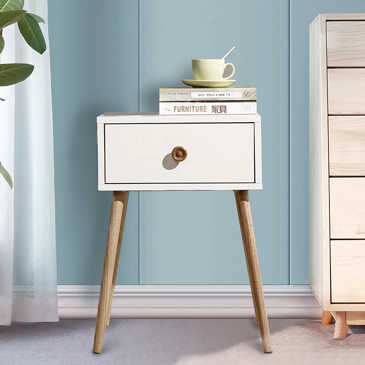 
White Storage Drawer Solid Wood Legs Bedside Table Home Furniture Nightstand Sidetable Bedroom Bedside Table 