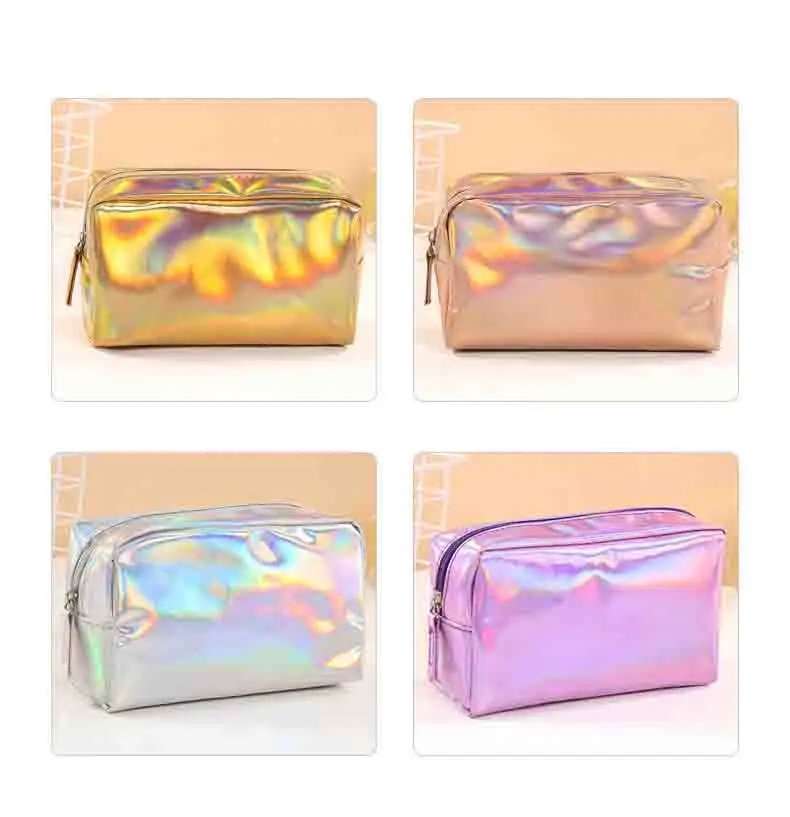 Holographic Iridescent Makeup Pouch Portable Waterproof Cosmetic Bag Set for Girls Teens Bridesmaids Clear Organizer Pouch for T