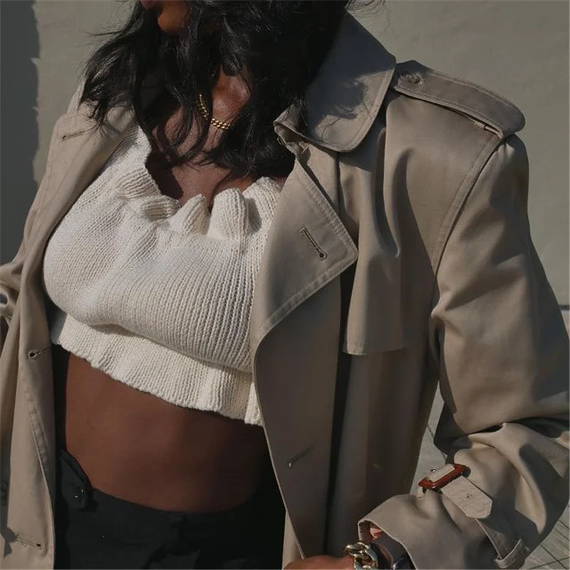 
Customizable Knitted Crochet Tank Tops Sexy Cropped Ruffle Wrinkled Female Bare Backless Women Pull Femme Crop Top Sweater Vest 