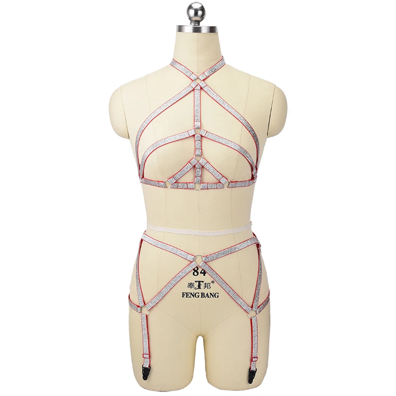 Shiny Material Sexy Women Bandage Lace Decal Cross Garter Harness Sheer Unpadded Bra Lingerie Set N0122