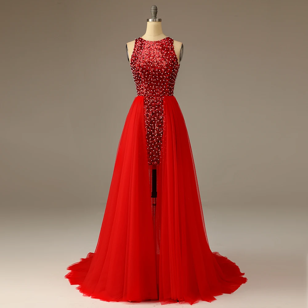 Luxury Sleeveless Chinese Red flowing Sequin Party Dress Evening Dress Women