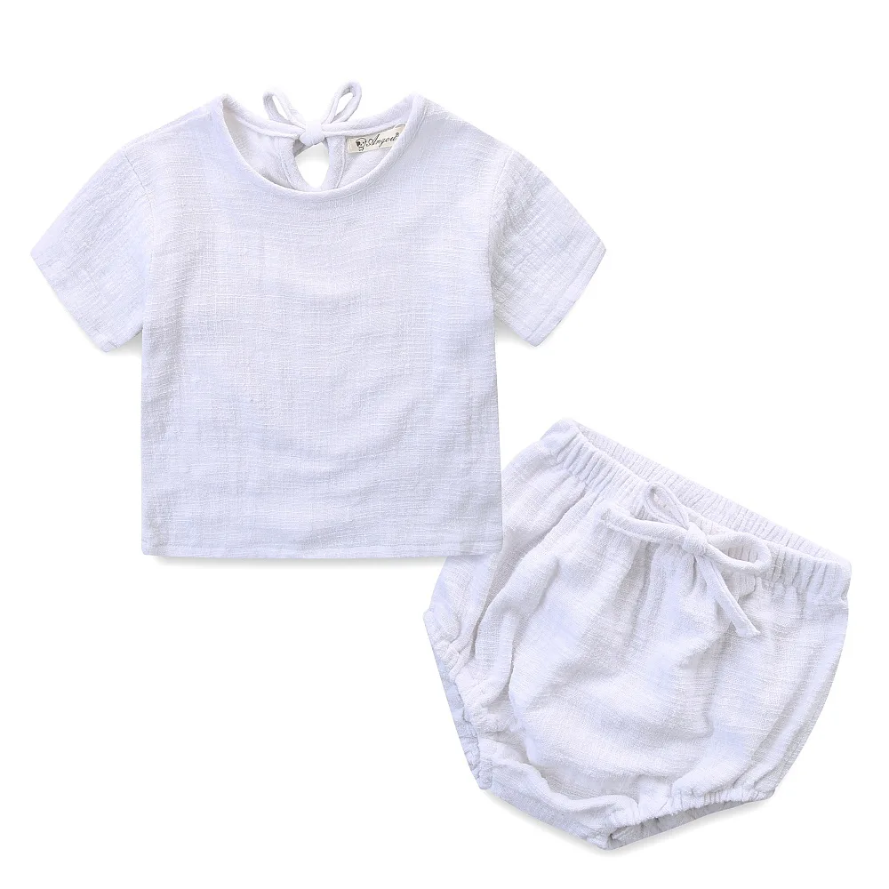 
Infant Girls Boys Summer Outfits Crepe Blank Short Sleeve Top String Bloomers Baby Muslin Cloth Set 