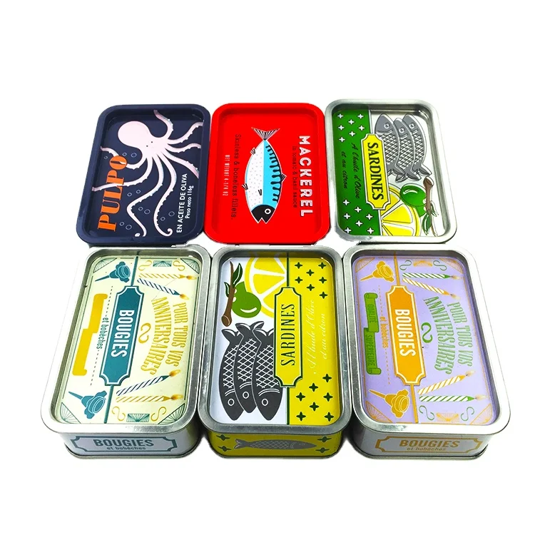 Custom CMYK printing rectangle metal tin seafood tin can box with inner plug