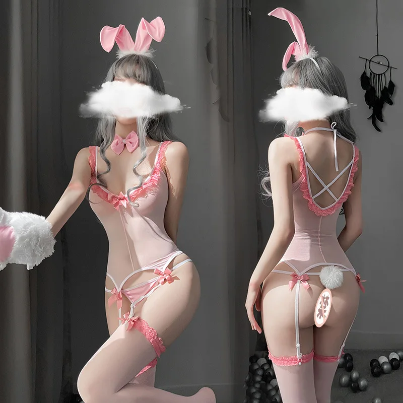 Hot sale sexy lingerie bodysuits bunny ear headband transparent underwear lace edge long socks set