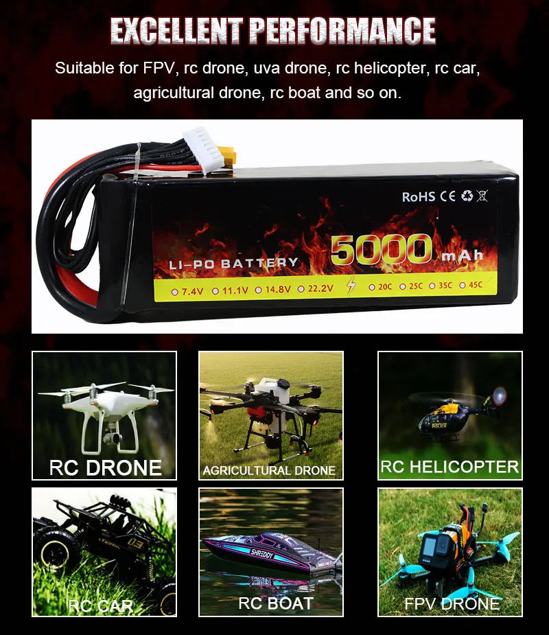 FPV Battery Drone Batteries 6S 22.2V 5000mAh 50C Lipo Battery Pack for RC UVA Drone and FPV