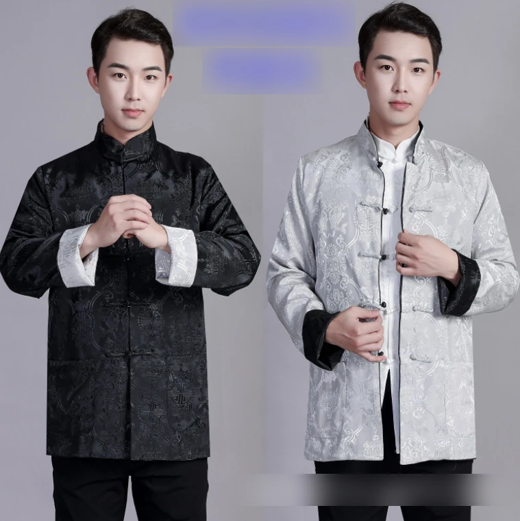 Long Sleeve Reversible Traditional Chinese Clothing Kung Fu Frog-Button Shirts for Men Mandarin Collar Tang Suit