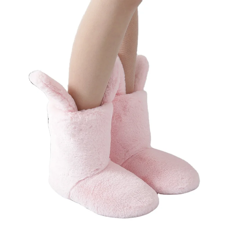 Factory wholesale custom soft cute pink rabbit ears long shoes plush warm winter slippers indoor bedroom slip loafers for women