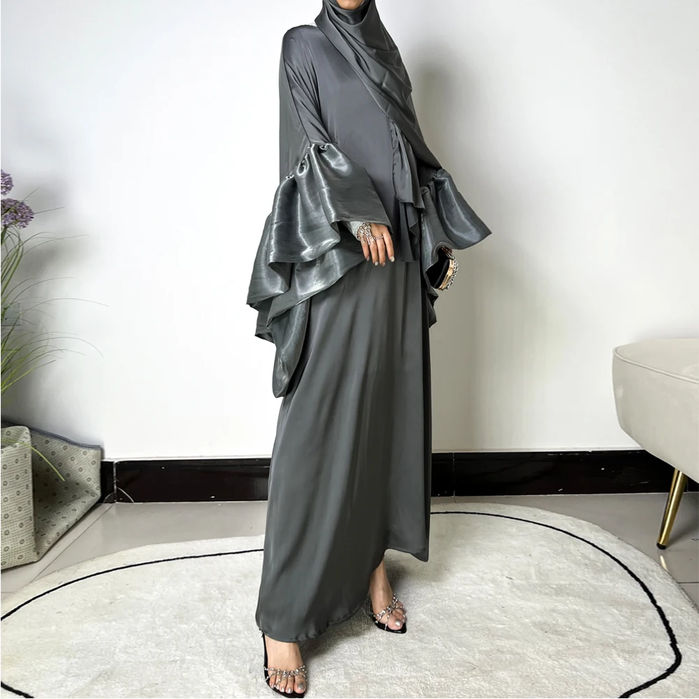 New arrival Dubai saudi arabic plain shiny satin fabric puff sleeve trending modest muslim abaya dress
