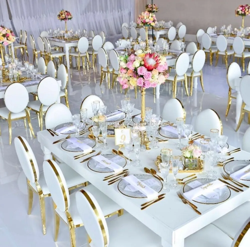 Manufacturing banquet furniture fancy gold stainless steel oval back chairs for wedding events