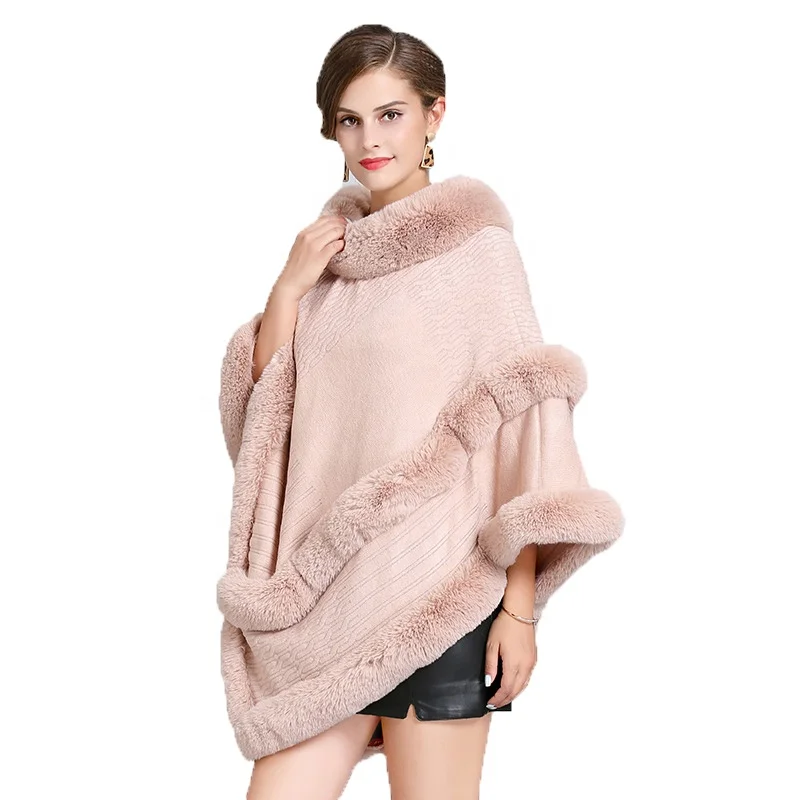 
2021 Winter Faux Fox Fur Out Street Solid Poncho Knitted Triangle Fur Sweater Plus Size Pullover Winter Poncho For Women Cape 