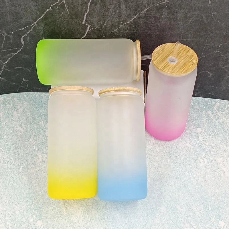Hot sale 16oz rainbow Gradient sublimation glass mug  custom logo frosted glass straw beer mug cola bottle mason jar