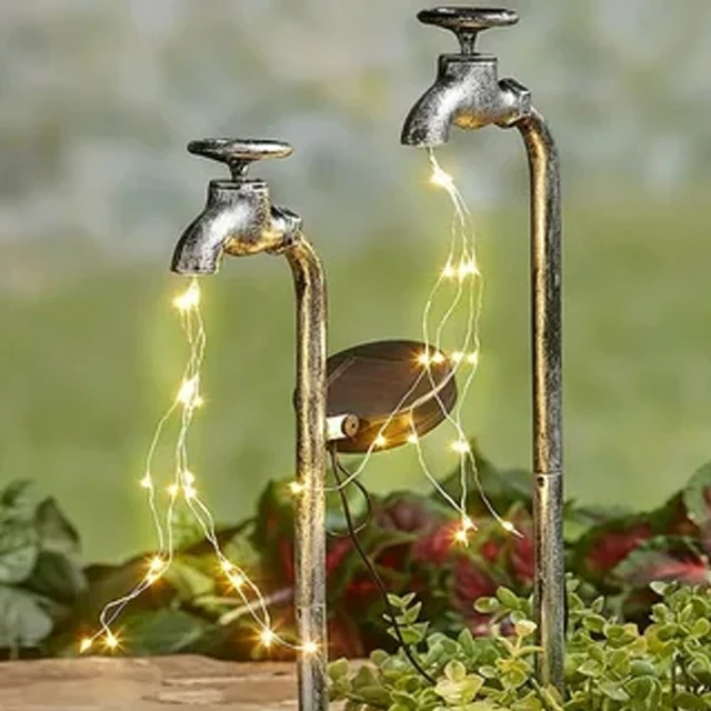 Iron Solar Faucet Shaped Water Lamp Outdoor Garden solar Lights Decoration, Set of 2