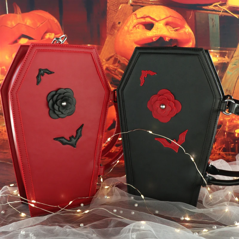 Gothic Style 3 D Roses And Bat Pu Stitched HandBag Custom Coffin Gothic Bag Manufacturer