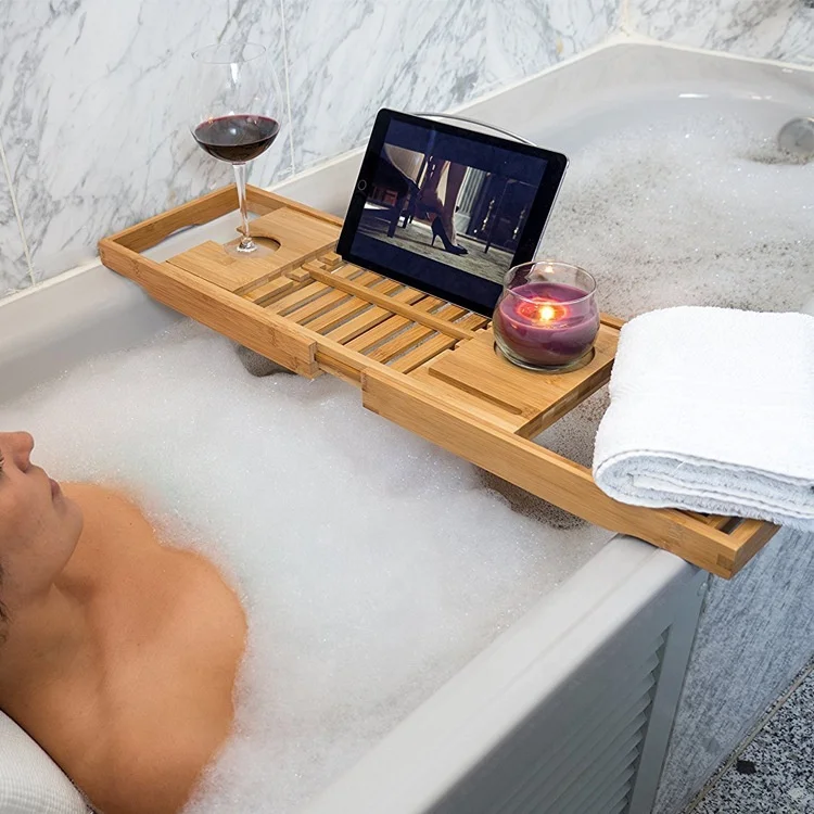 Adjustable Two-Piece Bamboo Bath Organizer Tray Bathroom Bathtub Table Caddy with Book Tablet Wine Glass Cup & Towel Holder