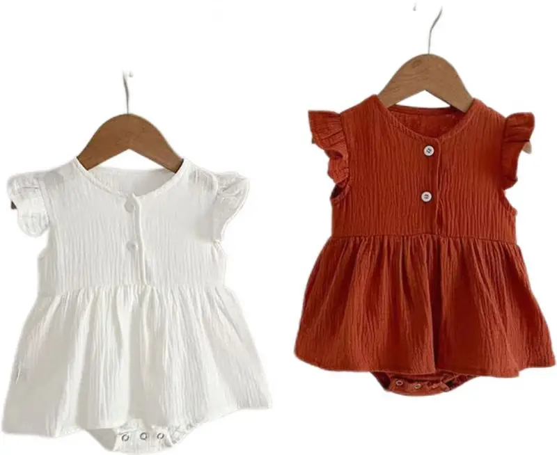 Summer baby girls flying sleeve suspenders stretch button pure color crepe frilly dress romper kids bodysuit