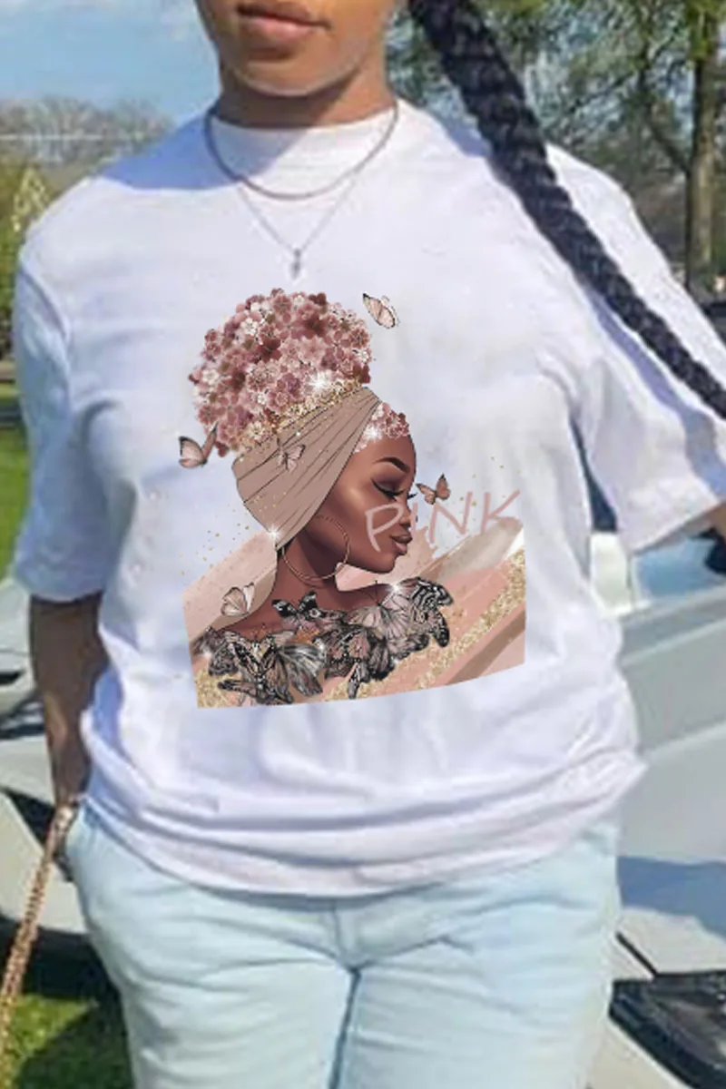 Fashion Cute Print Womens White Short Sleeve Round Neck Knit t Shirts for Lady Spring Summer Autumn