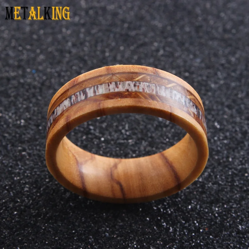 Oliver wood ring with Nature Antler Whiskey Barrel Wood Inlay, Mens Wedding Ring,