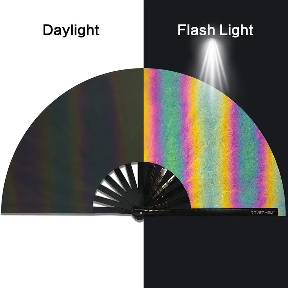 BSBH Cheap Price 33cm Holographic Large Bamboo Folding Clack Hand Fan For Men Women Hand-held EDM Rave Festival Gift Party Fans