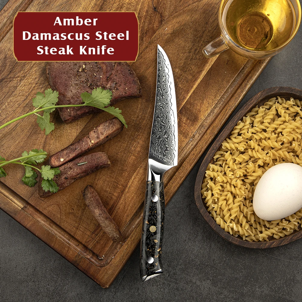 Amber OEM  Restaurant Cutlery  4 Piece Steak Knives Set Damascus steel Japan Beef Steak knife