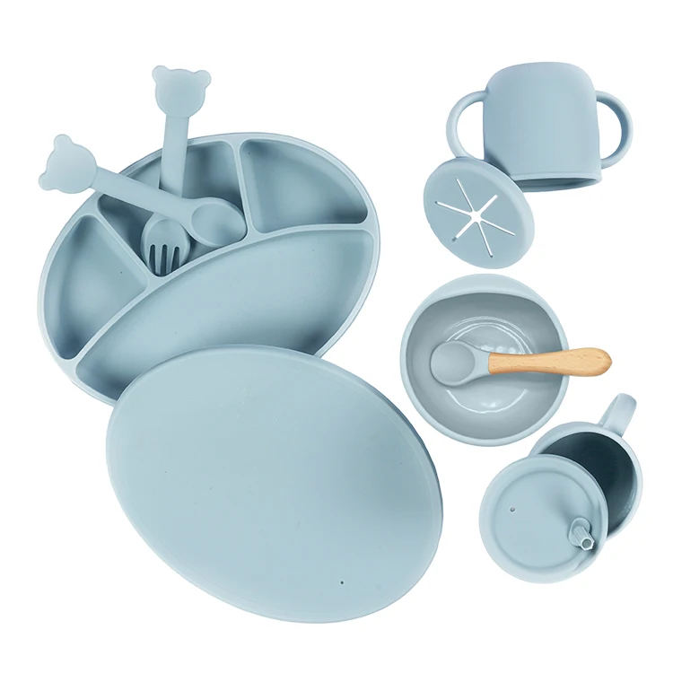  Amazon Baby Top Seller Product Sourcing Feeding Plate Set BPA Free Silicone Suction Dish and Spoon Bamboo