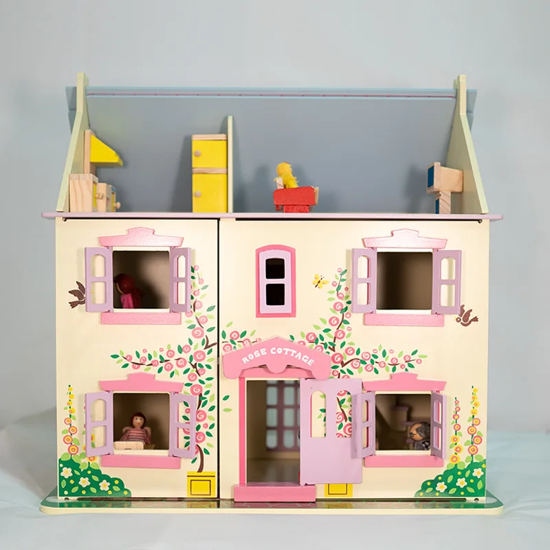 Wooden Doll House Diy Kit With Furniture Pretend Play Luxury Villa Model Play Set Toys