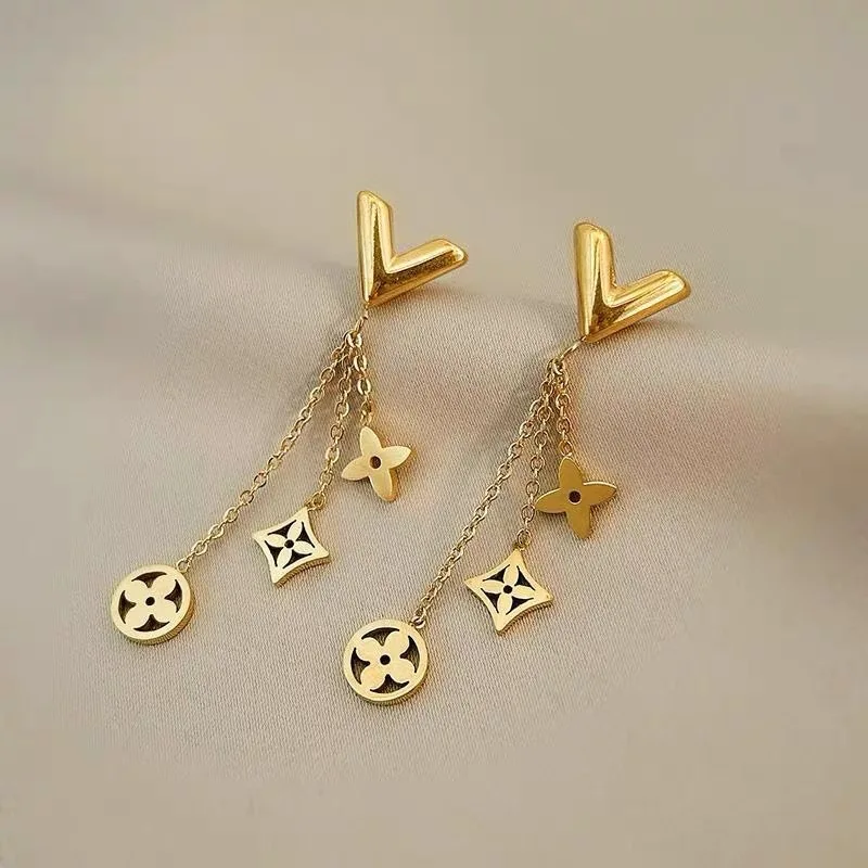 Crystal Gold V Stud Earrings Famous Brand Four Leaf Clover Earrings Necklace Jewelry Set Stainless Steel Jewelry