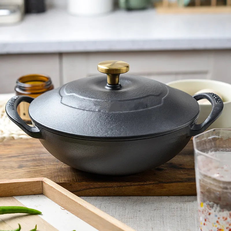 Top sell cheap Outlet Price Stir Fry Pan Cast Iron Enamel Wok Pan with Lid/black Outdoor camping pot with two ears