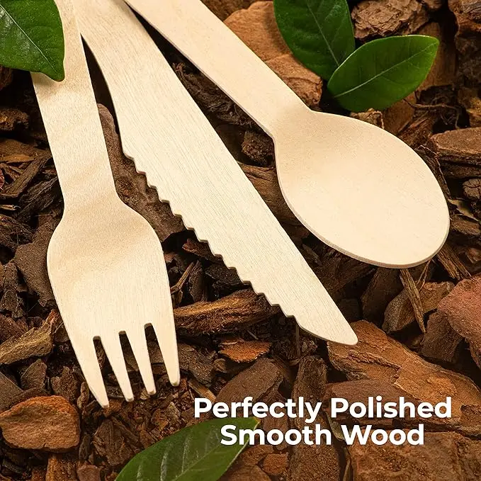REERAA 300-Piece Disposable Wooden Cutlery Set Natural Biodegradable Utensils for Outdoor Parties Eco-Friendly Knife-300Pcs