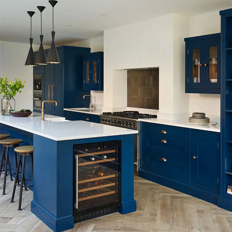 Custom modern light luxury american u shape navy blue wooden kitchen cabinets with island set