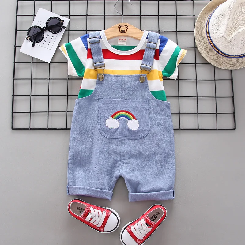 Summer Fashion Baby Boys Girls Clothes Suit New Children Girl Stripe Top With Suspender Shorts 2pcs Sports Kids Tracksuits