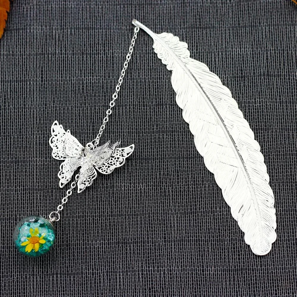 High Quality Brass Feather Bookmark Metal 3D Butterfly Leaf Bookmarks as Graduation Souvenir  In Gift Box