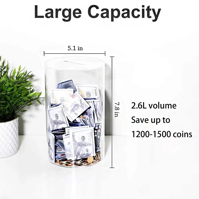 Custom Cylinder Clear Acrylic Piggy Banks Perspex Cash Storage Jar Acrylic Coins Display Bin For Money Saving