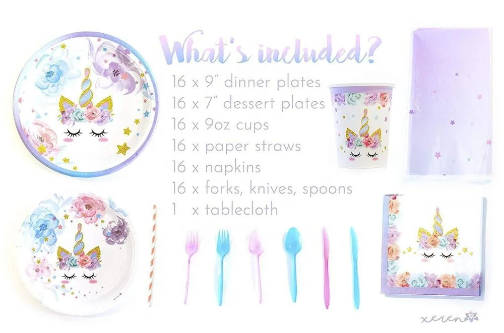 2019 Newest 16 Guests Unicorn Party Supplies  Pack Children Rainbow Birthday Party Supply Set With Bonus Happy Birthday Banner