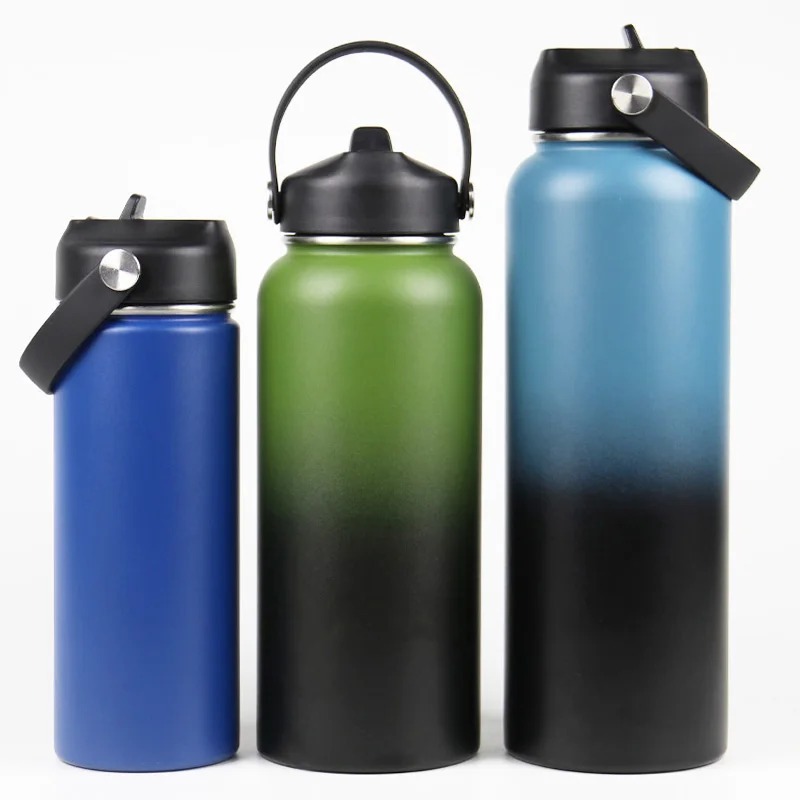 Custom Logo Double Wall Leak Proof Vacuum Insulated Metal Flask Wide Mouth Gym Sports Drinking Water Bottle With Straw Lid