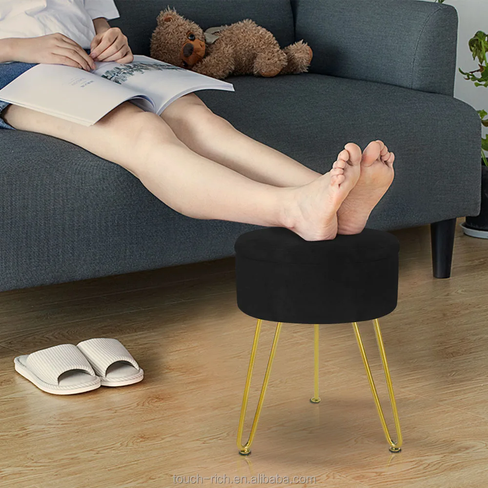 Round Footstool Ottoman Velvet Dressing Stool with Gold Metal Legs Upholstered Footrest Makeup Chair ottoman