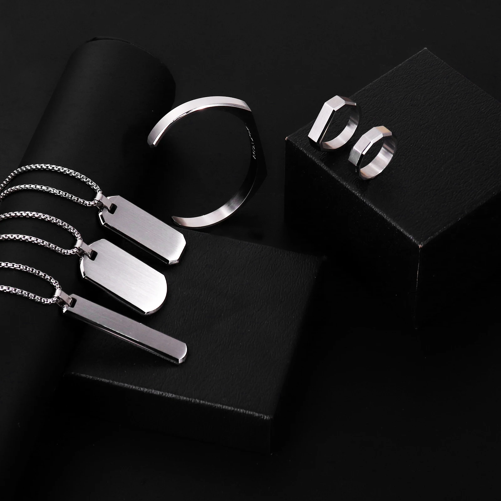 Fashion Custom Logo Personalized Name Men Bangle Ring Necklace Stainless Steel Jewelry Set For Men