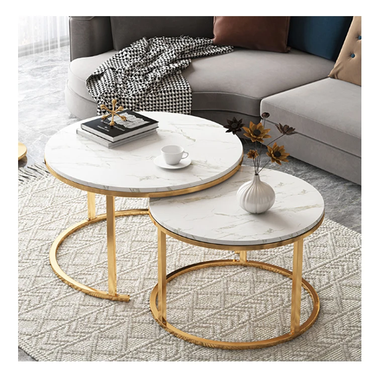 K&B high quality luxury modern nordic marble grain MDF round nesting coffee table set with metal frame